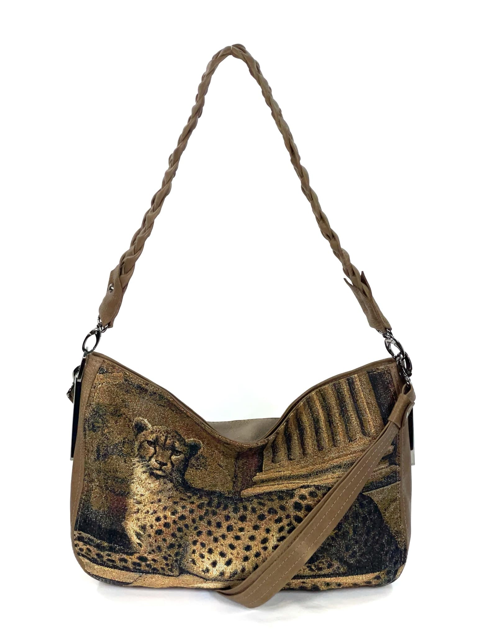 Queen Cheetah Tapestry and Brown Leather Slouchy Hobo