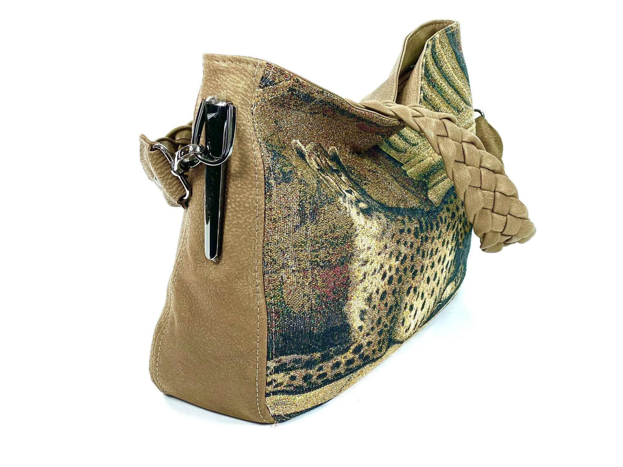 Queen Cheetah Tapestry and Brown Leather Slouchy Hobo side view