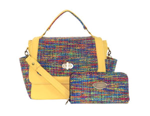 Rainbow Tweed Zipper Wallet with Yellow Leather and Rainbow Woven Flap Bag