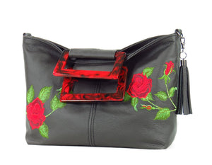 Rambling Rose Embroidered Black Leather Tote