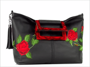 Rambling Rose Embroidered Black Leather Tote