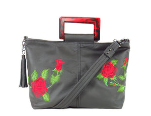 Rambling Rose Embroidered Black Leather Tote handles up