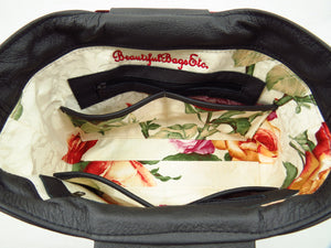 Rambling Rose Embroidered Black Leather Tote interior