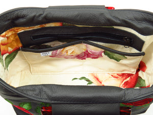 Rambling Rose Embroidered Black Leather Tote interior pockets