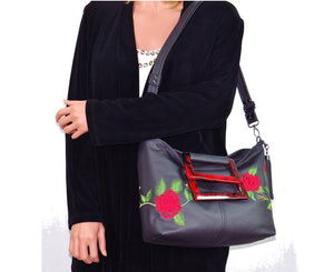 Rambling Rose Embroidered Black Leather Tote shoulder bag