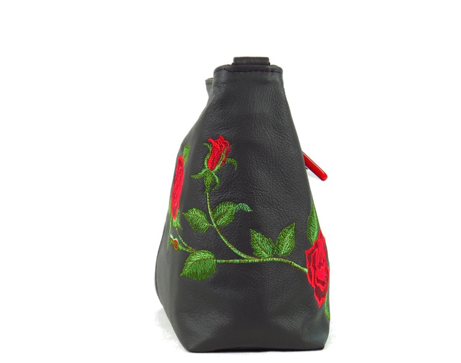 Rambling Rose Embroidered Black Leather Tote side view