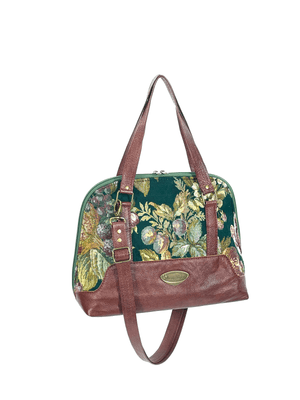 Rebecca’s Emerald Garden Tapestry and Leather Bowler Bag  handles view