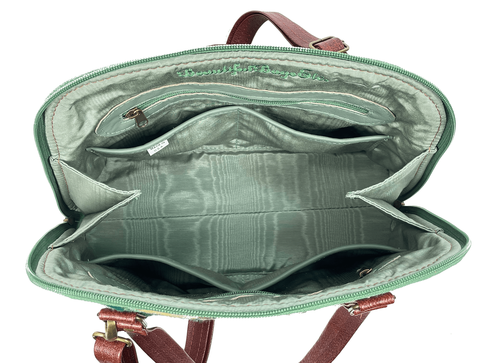 Rebecca’s Emerald Garden Tapestry and Leather Bowler Bag  interior view