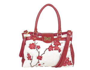 Red Leather Cherry Blossom Double Zip Satchel