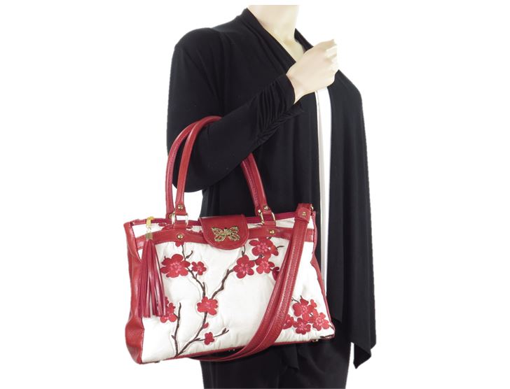 Red Leather Cherry Blossom Double Zip Satchel arm model