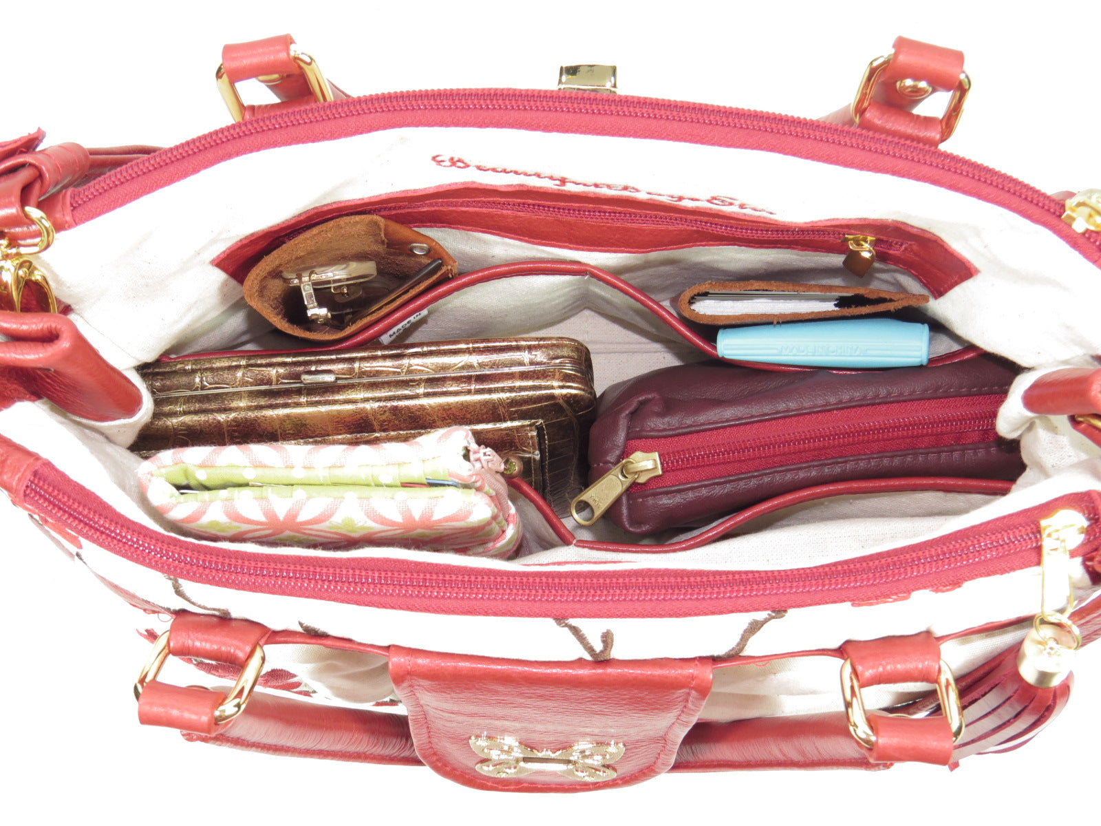Red Leather Cherry Blossom Double Zip Satchel fill contents view