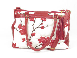 Red Leather Cherry Blossom Double Zip Satchel handles