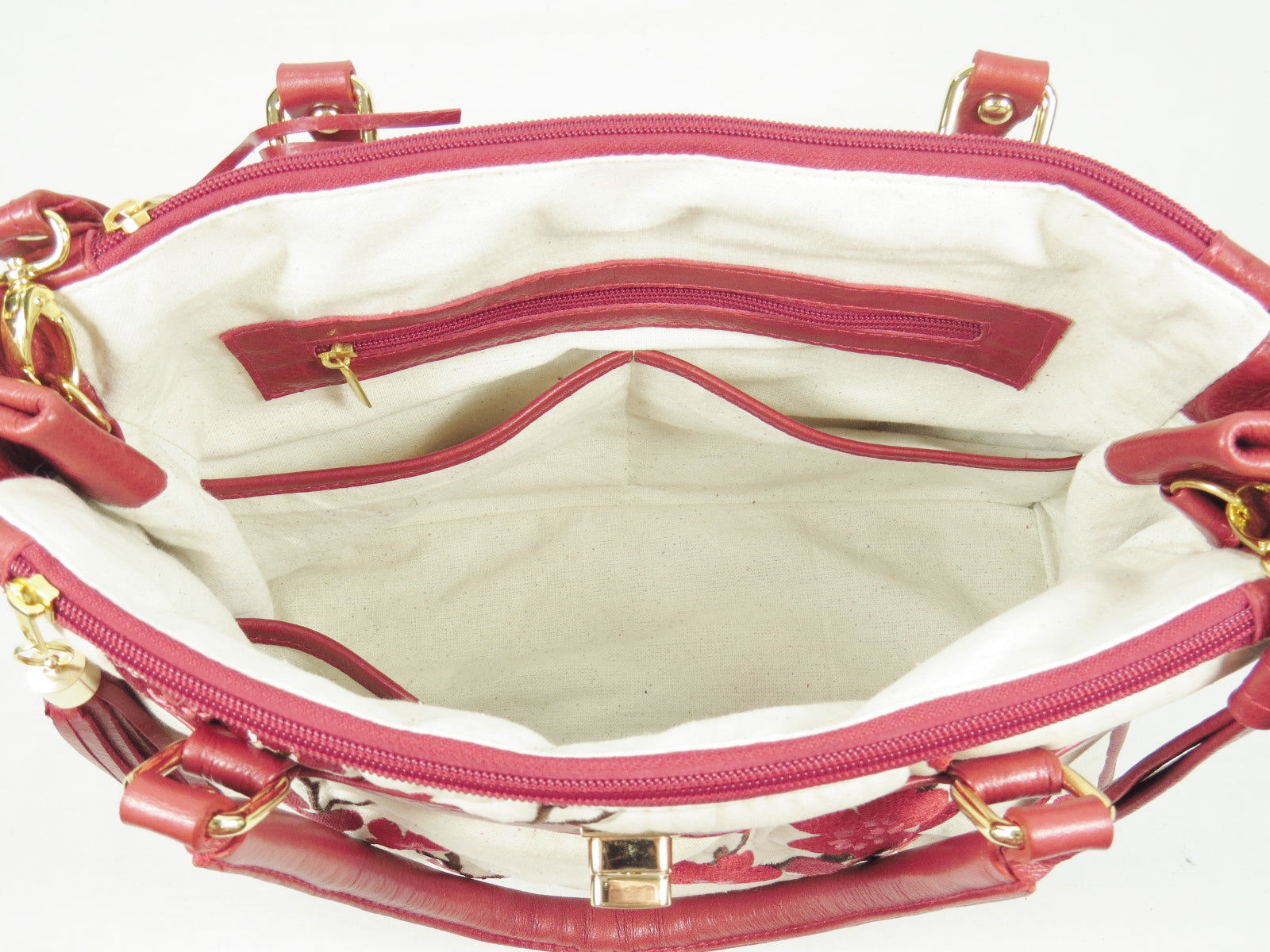 Red Leather Cherry Blossom Double Zip Satchel pockets view