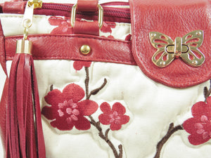 Red Leather Cherry Blossom Double Zip Satchel quilting close-up