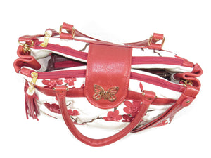 Red Leather Cherry Blossom Double Zip Satchel top view