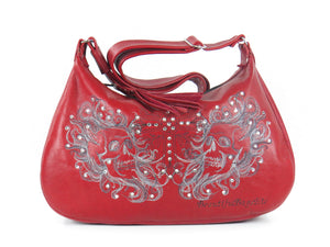 Red Leather Skulls Embroidered Hobo Handbag
