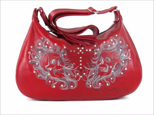 Red Leather Skulls Embroidered Hobo Handbag 3D view