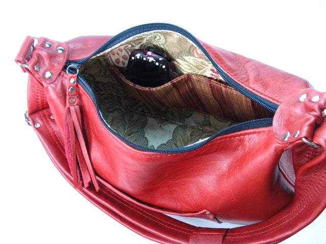 Red Leather Skulls Embroidered Hobo Handbag interior
