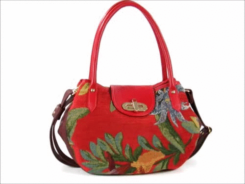 Red Leather and Orchid Tapestry Bucket Satchel