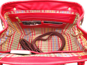 Red Leather and Orchid Tapestry Bucket Satchel interior card slots