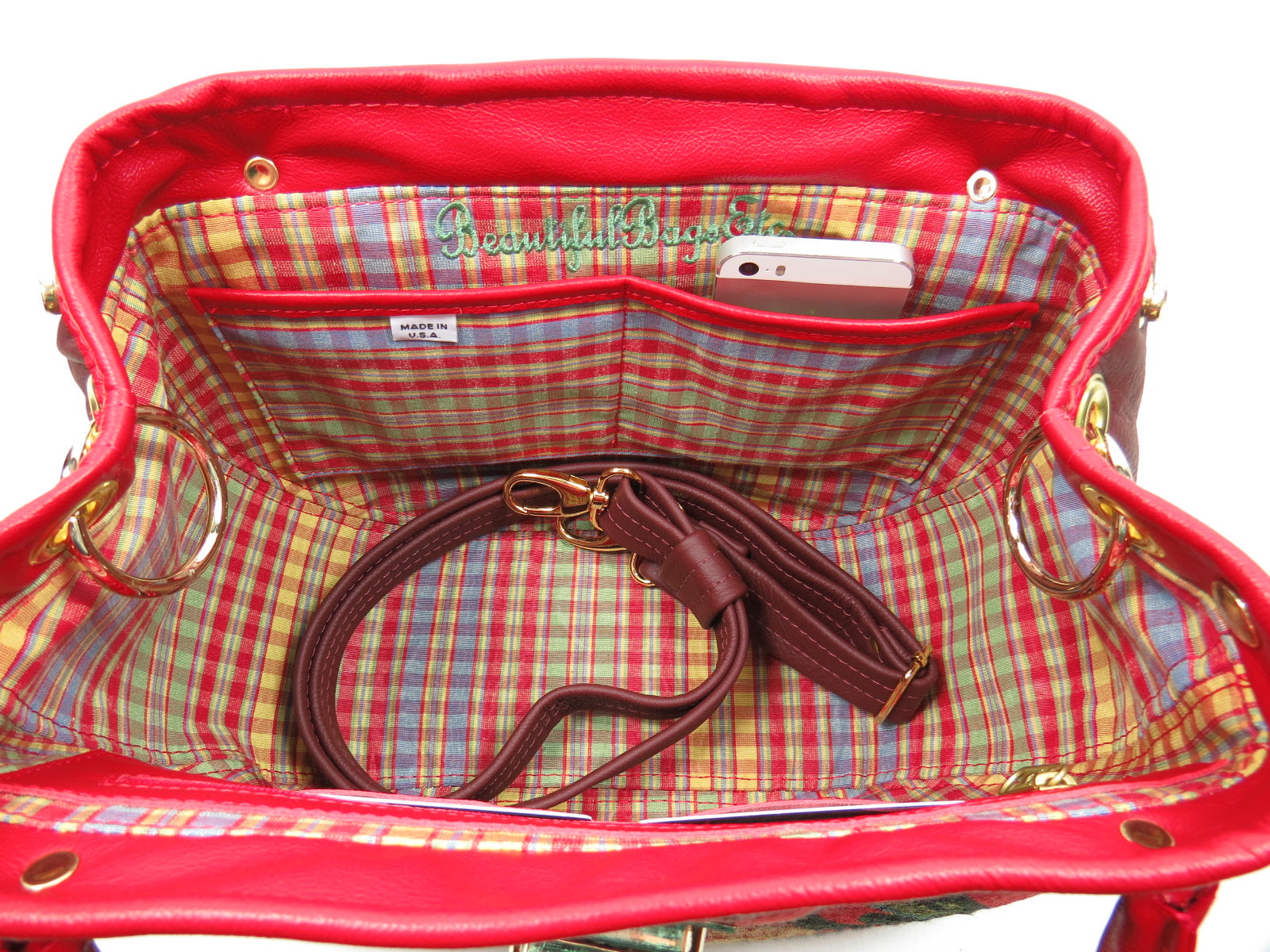 Red Leather and Orchid Tapestry Bucket Satchel interior pockets