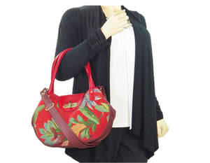 Red Leather and Orchid Tapestry Bucket Satchel model view