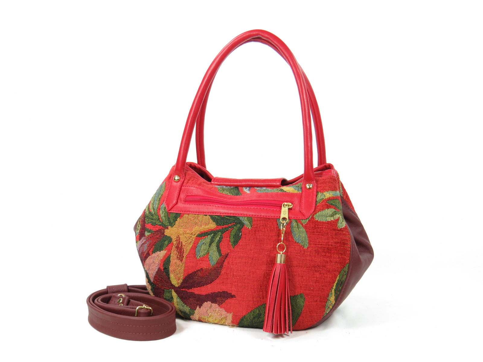 Red Leather and Orchid Tapestry Bucket Satchel outside zipper pocket