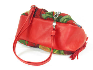 Red Leather and Orchid Tapestry Cross Body Bag