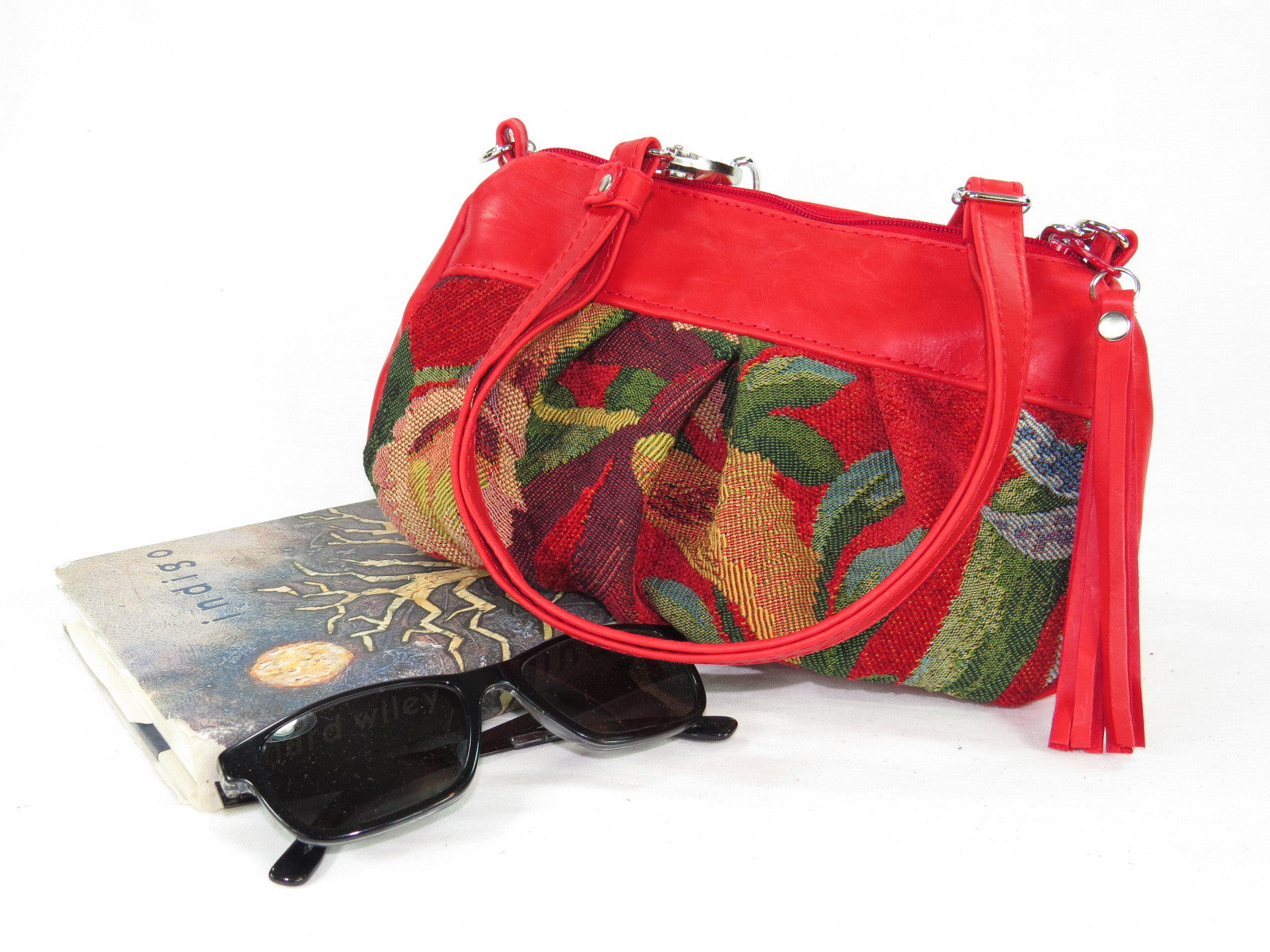 Red Leather and Orchid Tapestry Cross Body Bag