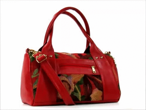 Red Leather and Tapestry Barrel Bag 3D