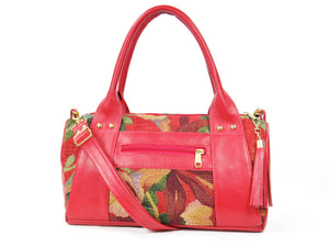 Red Leather and Tapestry Barrel Satchel