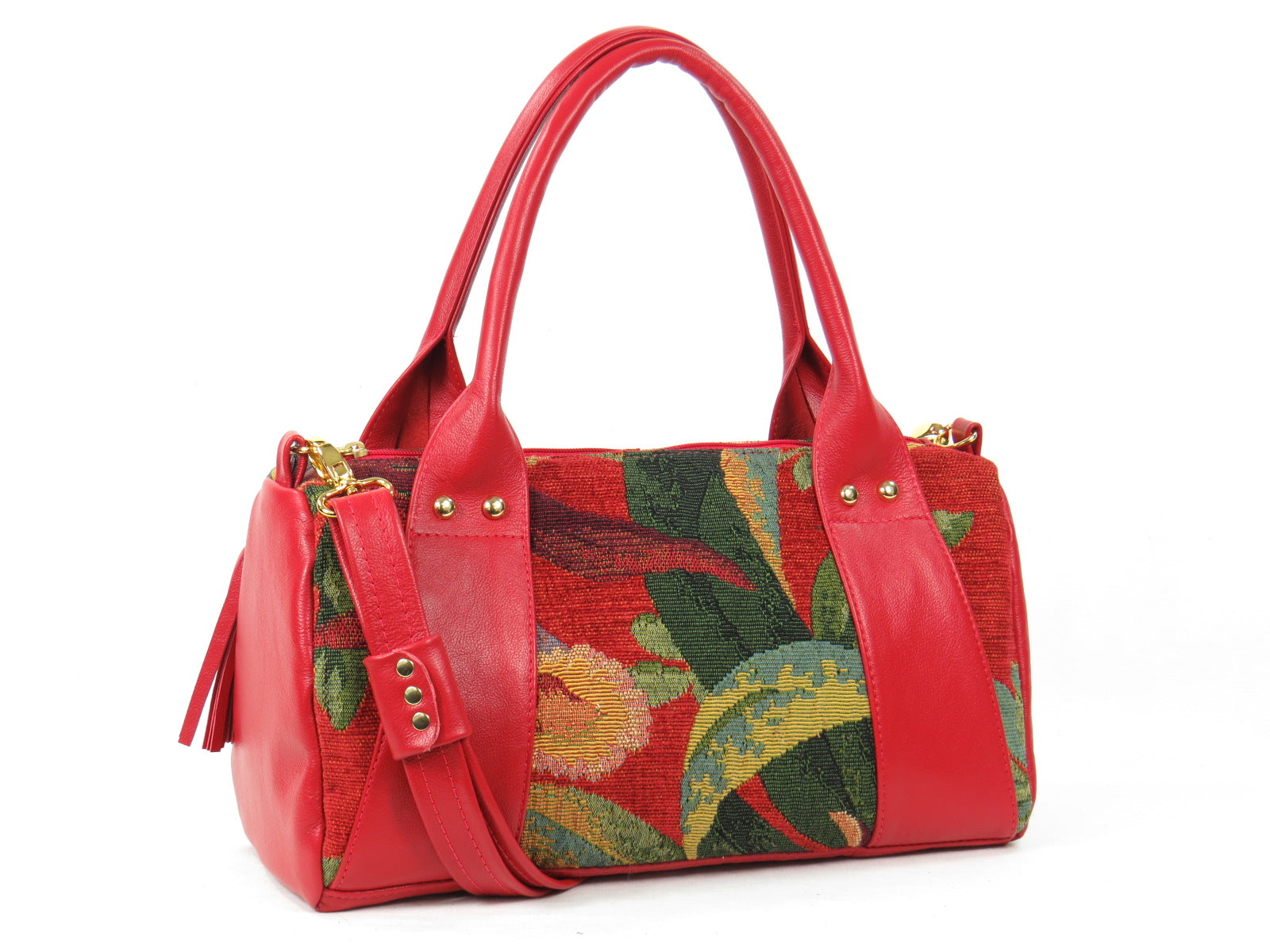 Red Leather and Tapestry Barrel Satchel back side