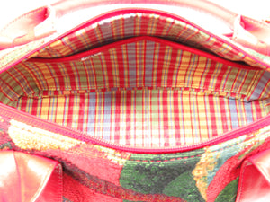 Red Leather and Tapestry Barrel Satchel interior pockets