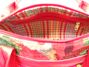 Red Leather and Tapestry Barrel Satchel interior zipper pocket