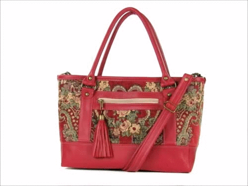 Rose Red Leather and Paisley Chenille Tapestry Zipper Tote