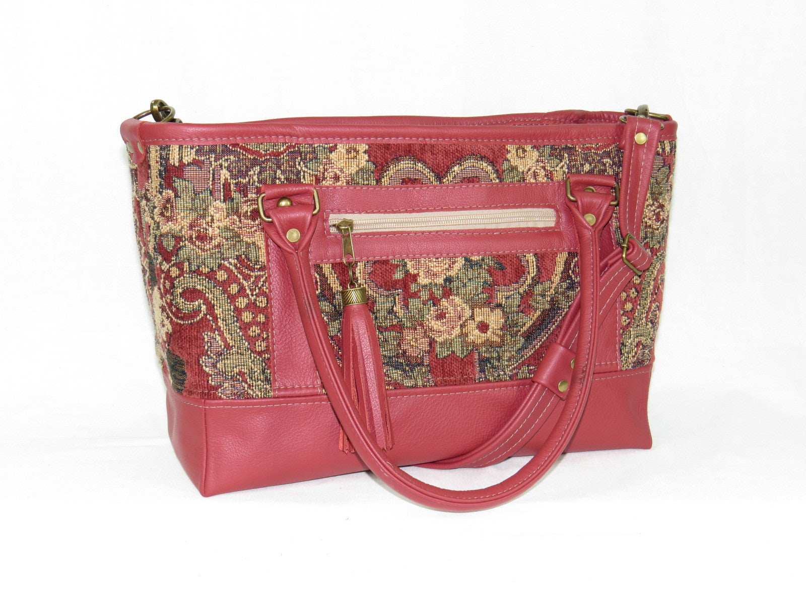 Rose Red Leather and Paisley Chenille Tapestry Zipper Tote handles down