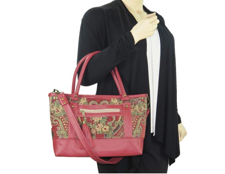 Rose Red Leather and Paisley Chenille Tapestry Zipper Tote model view