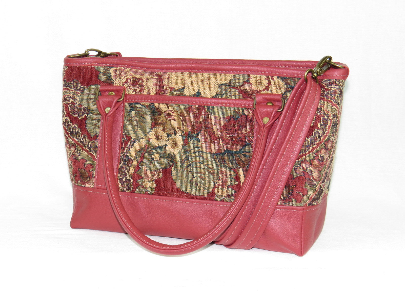 Rose Red Leather and Paisley Chenille Tapestry Zipper Tote open pocket side