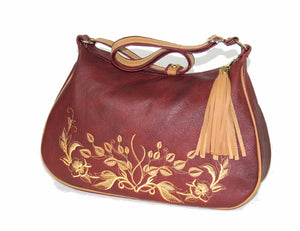 Rust Brown Embroidered Leather Classic Hobo Bag.