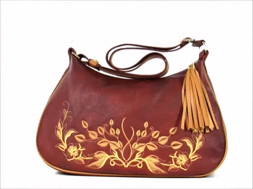 Rust Brown Embroidered Leather Classic Hobo Bag 3D view