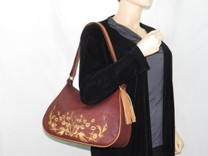 Rust Brown Embroidered Leather Classic Hobo Bag model view