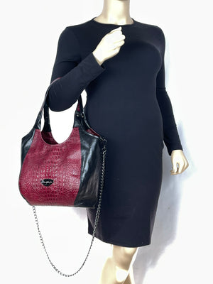 Sharla Satchel Red Croc and Black Leather