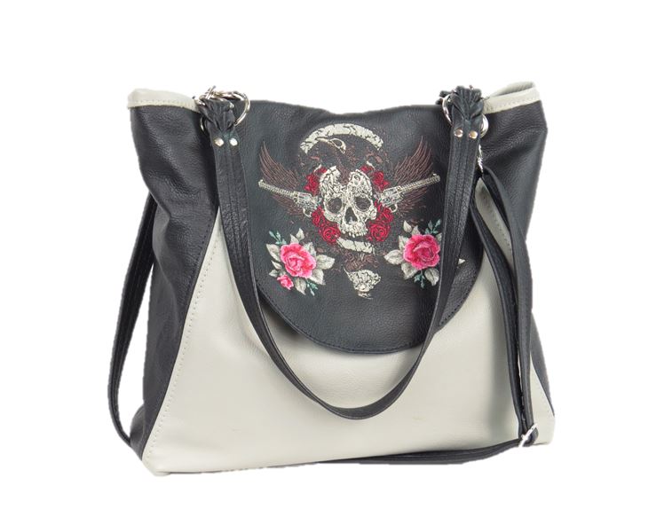 Skull and Roses Black and Gray Leather Tote