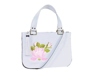 Small Gray Leather Zipper Tote Pink Rose Embroidery