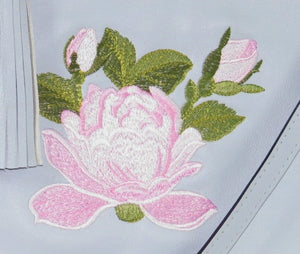 Small Gray Leather Zipper Tote Pink Rose Embroidery close-up