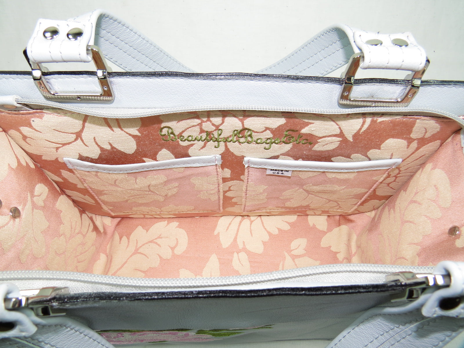 Small Gray Leather Zipper Tote Pink Rose Embroidery interior pockets