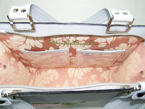 Small Gray Leather Zipper Tote Pink Rose Embroidery interior pockets