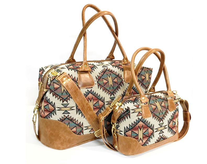 Southwest Tapestry and Leather Satchel and companion weekender