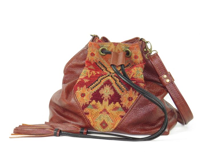 Southwest Tapestry and Leather Cross Body Bucket Bag
