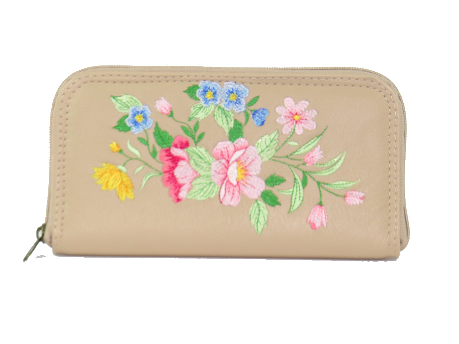 Spring Floral Embroidered Beige Leather Wallet